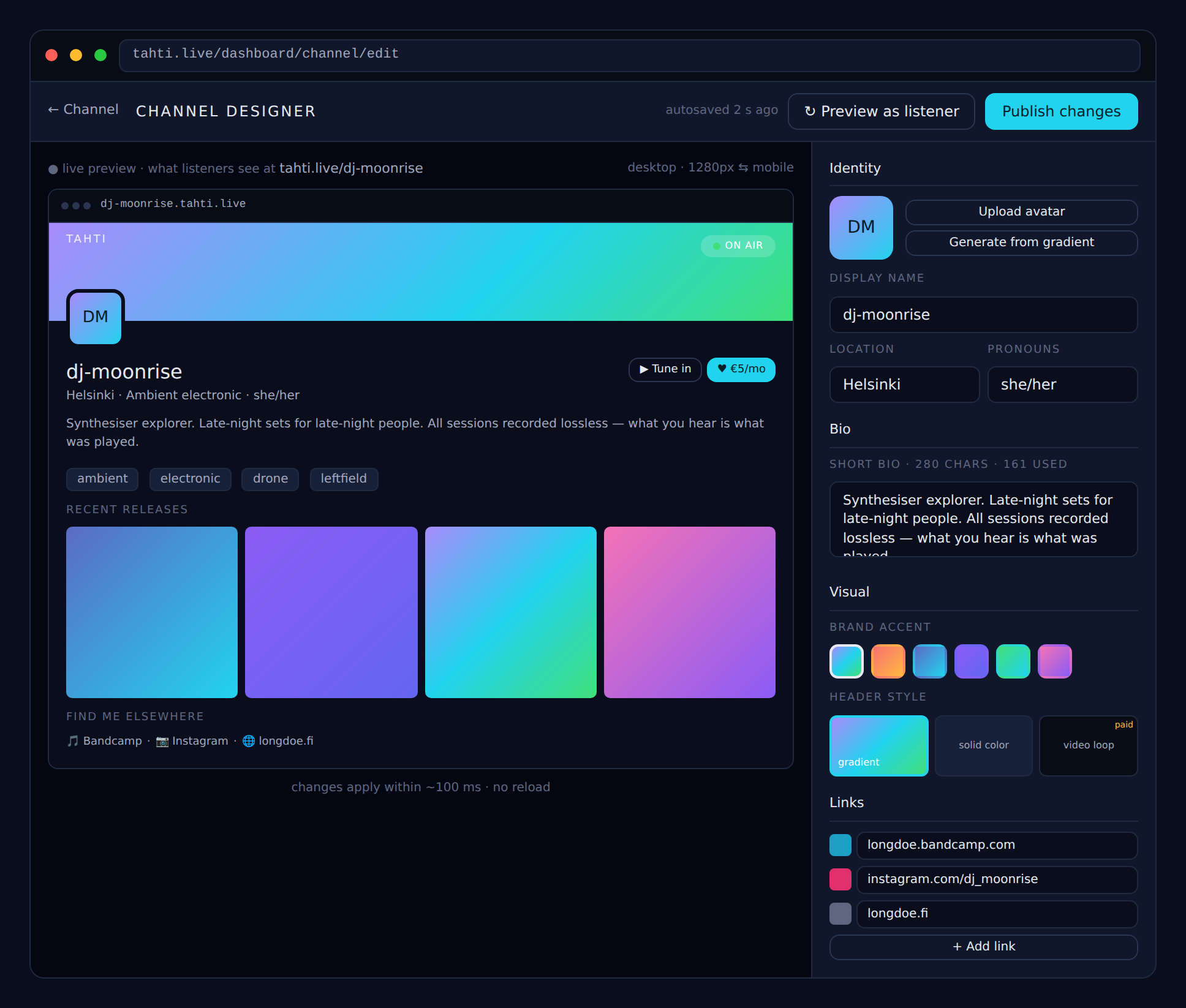 Channel designer — live preview of the public channel page beside identity, visual, and link controls