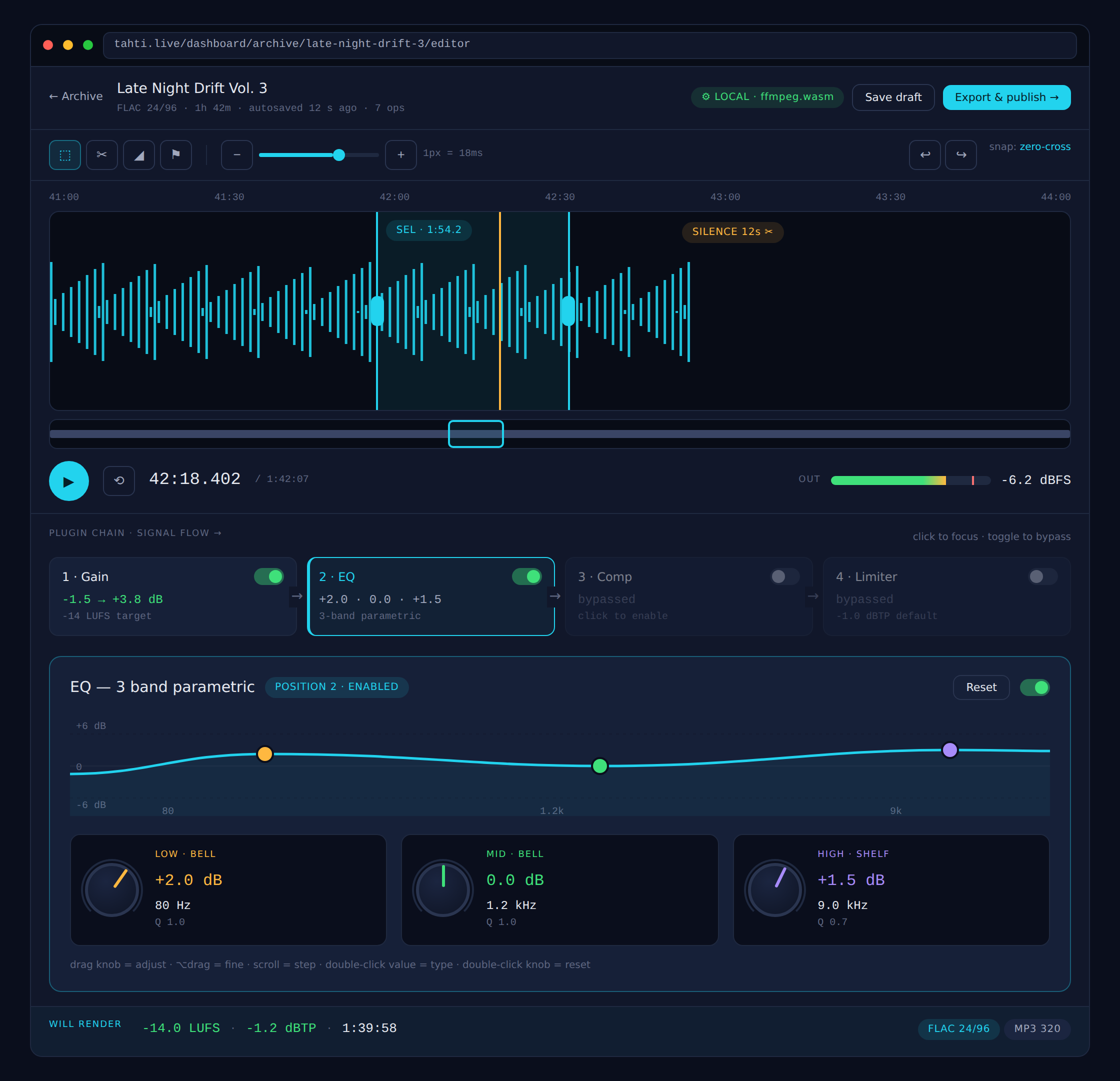 Audio editor — waveform editing with EQ, gain, compressor and limiter plugin chain